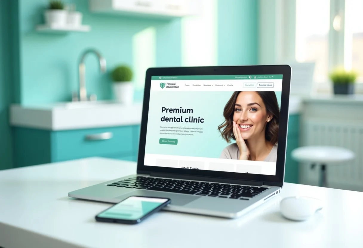 Web premium de clínica dental con IA mostrada en un portátil